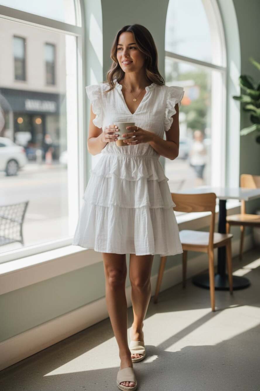 Fate White Cotton V-Neck Tiered Ruffle Mini Dress Size S